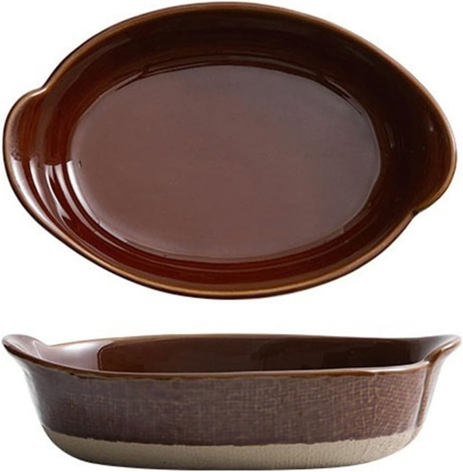 Lasagna Pans Ceramic Double Ear Retro Cheese Baked Rice Plate Creative Salad Bowl Household Deepening Plate Rough Ceramic Tableware Lasagne Dish,Brown-10.5 inches