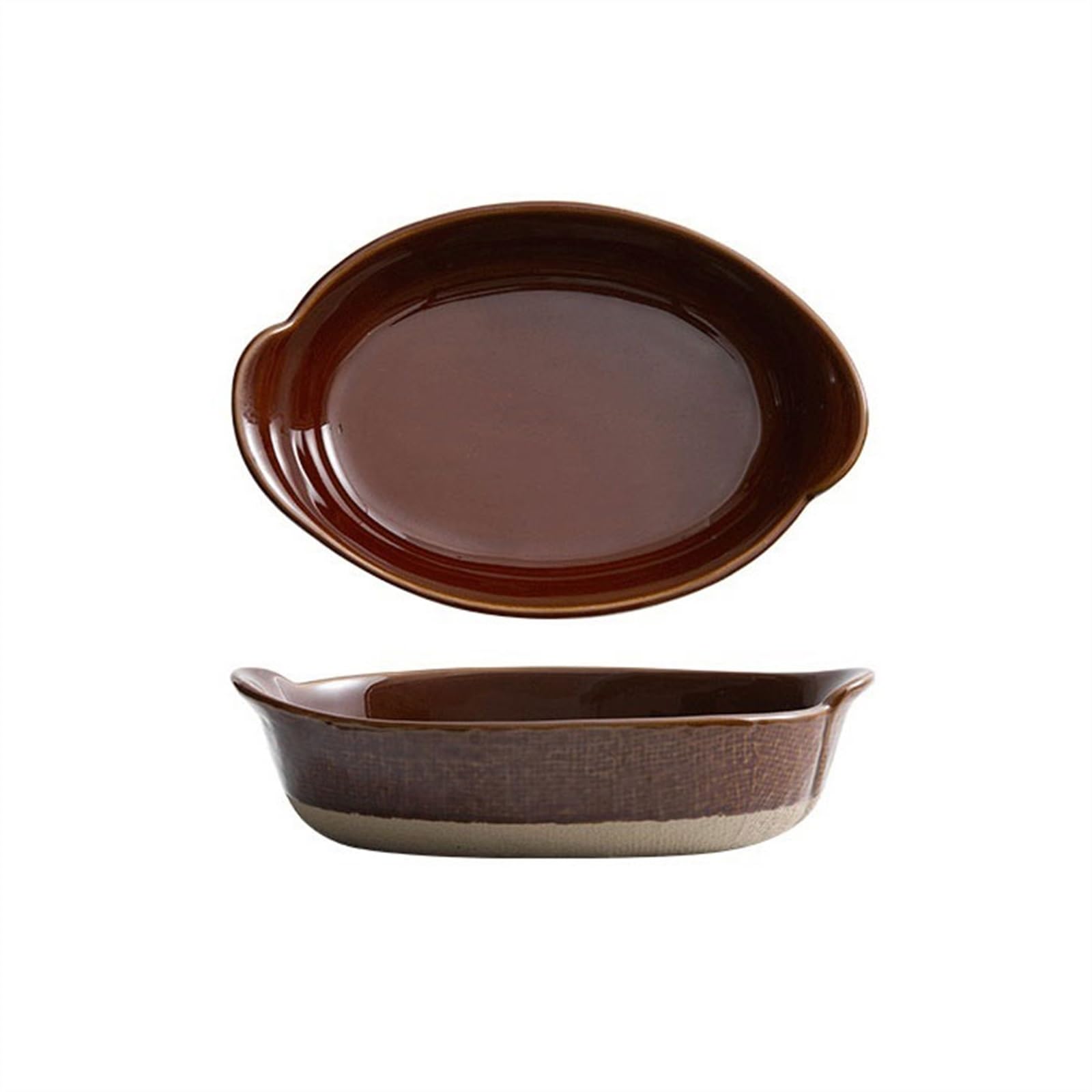 OLSKFUH Kitchen Ceramic Double Ear Retro Cheese Baked Rice Plate Creative Salad Bowl Household Deepening Rough Tableware Cooking,Bruin-8.5 inches