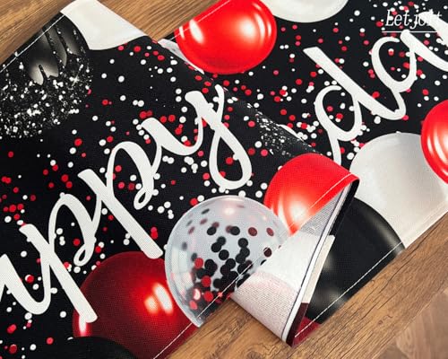 Image of Letjolt Black Red Balloon Happy Birthday Table Runner 72 Inches | Linen-Like Fabric, Celebrate Birthday Party Table Decor