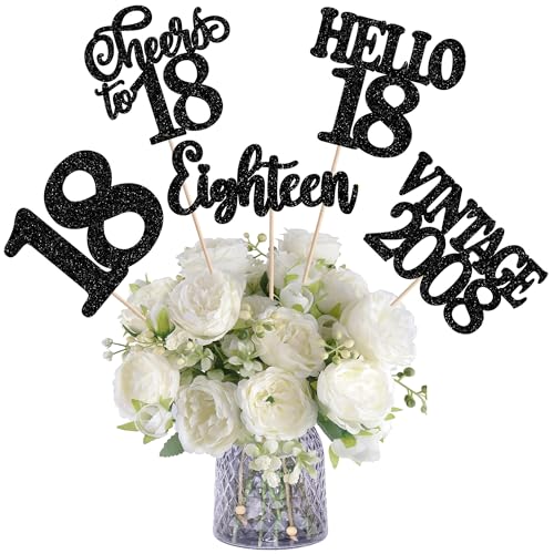 15PCS Happy 18th Birthday Centerpiece Sticks Hello 18 Vintage 2008 Table Flower Centerpieces Sticks Eighteen Cheers to 18 Floral Decoration for 18th Birthday Party Centerpieces Supplies Black