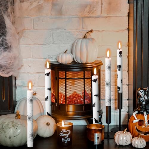 Image of Halloween Flameless Taper Candles Battery Operated with Remote and Timer, 3D Wick Flickering LED Taper Candles Skull Bats Spider Decals Dinner Table Halloween Lights(6 Pack, 0.78 x 9.64 inch)