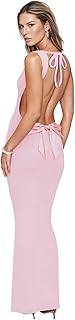 RARITYUS Women’s Elegant Satin Bow Maxi Dress Sexy Cowl Neck Backless Wedding Guest Dress Cocktail Party Evening Gown