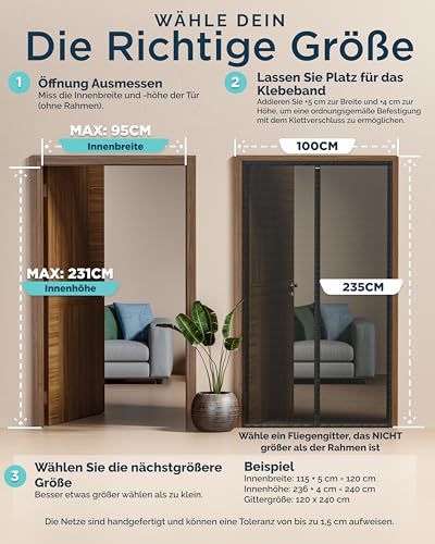 ARCOL Fliegengitter Balkontür 100x235 cm cm aus Fiberglas – Schluss mit Mücken in 3 Min., Ultrafeines Insektennetz, Automatischer Verschluss mit Magneten & Gewichten, Extrabreites Klettband (Schwarz)