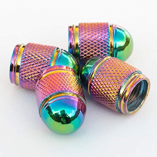 UFRAME Neo Chrome Rainbow Tire Stem Valve Caps Cover (Set of 4pcs) Aluminum with Gasket Rubber Rings Universal fit for All Cars and Bike (Bullet Style)