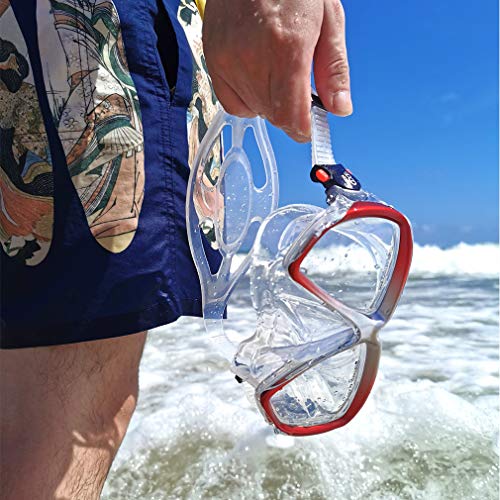 Image of Snorkel Diving Mask Panoramic HD Swim Mask, Anti-Fog Scuba Diving Goggles,Tempered Glass Dive Mask Adult Youth Swim Goggles with Nose Cover for Diving, Snorkeling, Swimming (Clear Red)