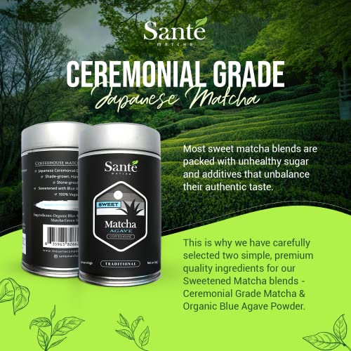 Santé Matcha: Sweet Matcha - Ceremonial Grade Japanese Matcha + Organic Agave Powder- From The Aichi Prefecture Region & First Harvest - Matcha Powder Ceremonial Grade - 20 Servings #TOP2