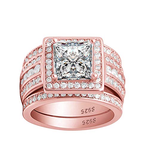 Beverly Bridal Wedding Ring Set 3 Piece Engagement Ring for Women Two Matching Anniversary Bands Sterling Silver Square Halo Design Cubic Zirconia Princess Cut Center Stone Jewelry for Ladies Size 7