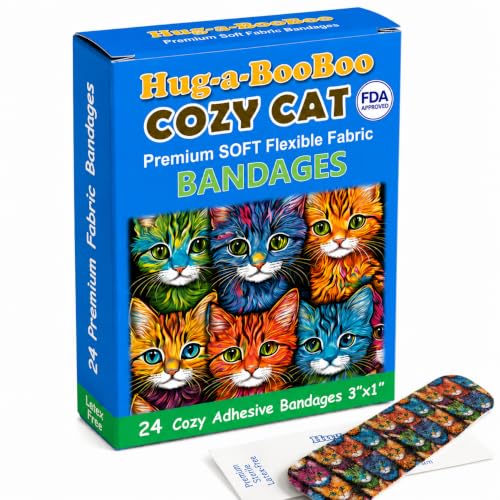 Cozy Cats Soft and Comfy Flexible Fabric Bandages from Hug-a-BooBoo. Latex Free Super Fun and Colorful Cat Bandages. Great Cat Lover Gift! 24 Ct Box