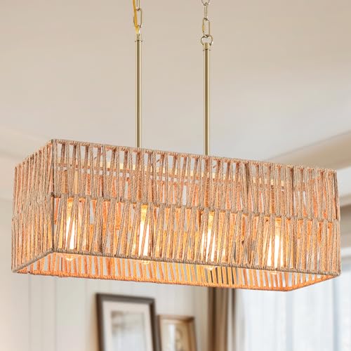 Coastal Boho Woven Kitchen Island Lighting, 4 Lights Rectangular Pendant
