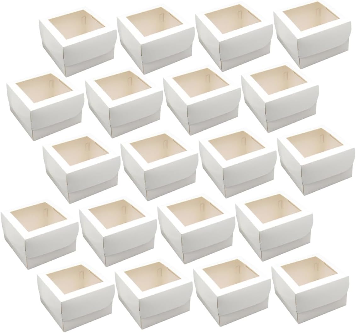 Gatuida 25pcs Small Bakery Boxes with Window 4-inch Cake Carrier Food-grade 350gsm White Cardboard with Paper Tray for Cupcakes Pastries Dessert Takeaway