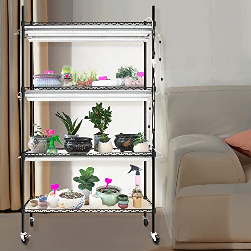Monios-L Plant Shelf With Grow Lights, 4-Tier Metal Plant Stand With 180W T8 5000K Grow Light Bar, Heavy Duty Adjustable Rack With Wheels For Indoor Plants, Succulents, Seedlings(35Lx14Wx61H, Black) #TOP1