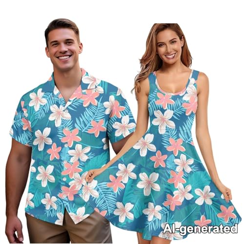 Image of Hawaii Matching Couple Outfits Husband and Wife Clothing Fashionable Mens Casual Shirts Hawaii Dress with Soft Fabric