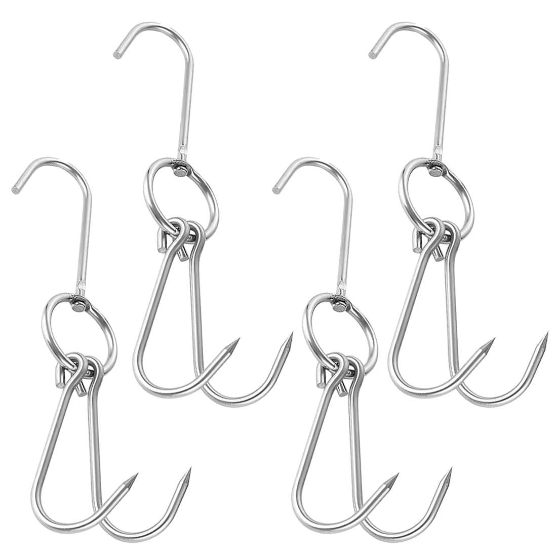 Grizef Silver 4Pcs 10Inch Stainless Steel Roast Duck Double Meat Hooks For Bacon Hams Meat Processing Butcher Hook Hanging Drying Bbq Grill Cooking Smoker Hook Tool