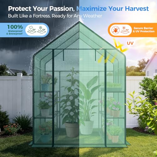 Image of Ohuhu Greenhouse for Outdoors with Screen Windows, 57 x 57 x 76'' Walk in Plant Greenhouses Heavy Duty with Durable PE Cover, 3 Tiers 12 Shelves Stands Plastic Portable Green House with Shelf Clips