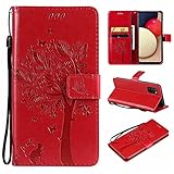 JJSMIDa iPhone 13 Wallet Case Fashion 3D Emboss Tree Cat Flowers Flip Case PU Leather Folio Magnetic Kickstand Cover with Wrist Strap for iPhone 13 (Red)