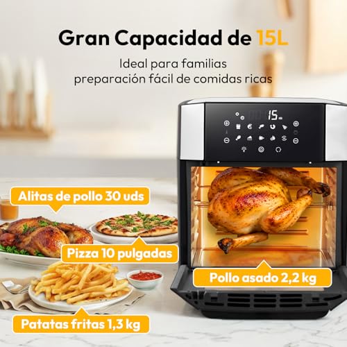 LLIVEKIT 15L Freidora de Aire, 90% Menos de Aceite Air Fryer, 10 Funciones Horno de Aire Caliente, Mini Horno con 7 Accesorios, Freidora sin Aceite con Ventana Visual, Pantalla LED Táctil, 1800W - imagen 3