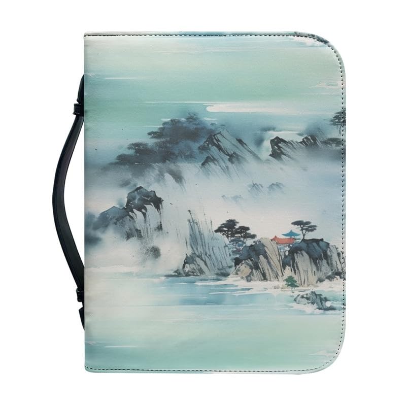 Garronmavis Chinese Landscape Painting Bible Cover Carrying Book, Watercolor Painting Bible Holder, Folk Art Bible Cases - XL