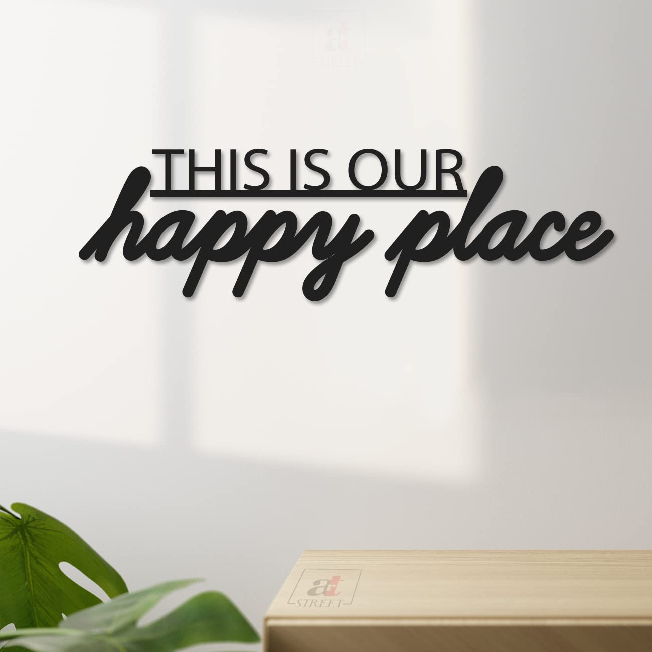 Art Street This is Our Happy Place MDF Plaque Painted Cutout For Wall Décor Ready to Hang Home Décor Wooden Modern Wall Art For Office Decoration Signs with Double-Sided Tape (Black, 4.1x13 Inches)