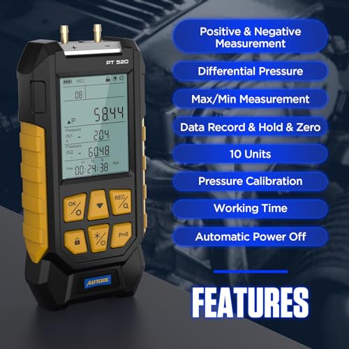 Autool PT520 Manometer Gas Pressure Tester,Digital Manometer Hvac,11 Units Differential Dual Port Pressure Gauge -100 To 200Kpa,Data Zeroing thumb #1