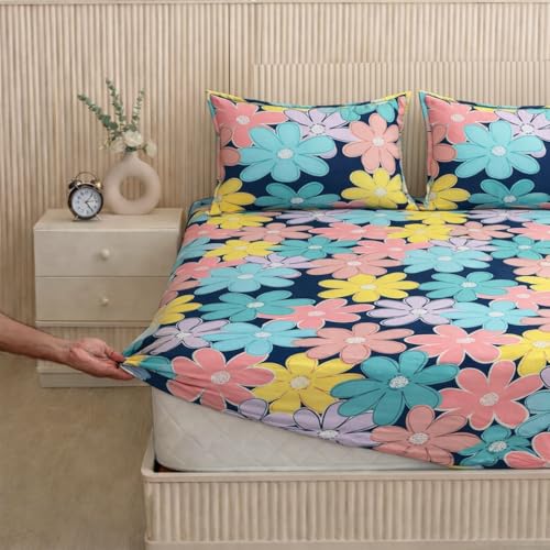 Image of 320 TC Cotton Feel Glace Cotton Printed Elastic Fitted King Size Double Bed Bedsheet with 2 Pillow Covers | Fitted Bedsheets King Size 78 x 60 x 8, (Blue Floral)