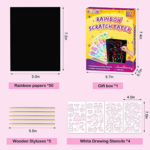pigipigi Scratch Paper Art for Kids - 59 Pcs Rainbow Magic Scratch Off Art Crafts Set Supply Drawing Note Kit for Girls Boys Toddler Party Favor Activity Game Birthday Christmas Easter Toy Gift