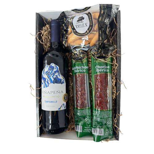 Cesta gourmet para regalar con ibéricos, a elegir con vino, aceite o paté y crema de queso, escoje la caja regalo que mas te guste (Estuche regalo, Vino)