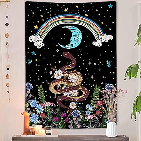 Trippy Floral Snake Rainbow Moon Vertical Tapestry, Boho Aesthetic Flower Witchy Tarot Tapestry Wall Hanging for Women Bedroom Green Nature Black Poster Blanket College Dorm Room Decor (40X60") Cover