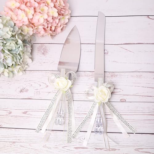2 Pieces Ribbon Flower Wedding Cake Knife Shovel Server Set Stainless Steel Cake Knife Shovel Baking Props Pizza Knife (M)