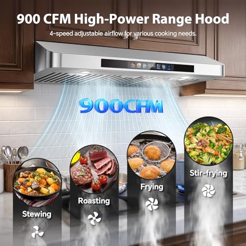 Image of Tieasy 36 Inch Under Cabinet Range Hood, 900 CFM Kitchen Vent Hood with 4-Speed Dual Motor Stove Hood, Smart WiFi Voice /Gesture /Remote /Touch Controls, Memory Function, Baffle Filters, Color Display