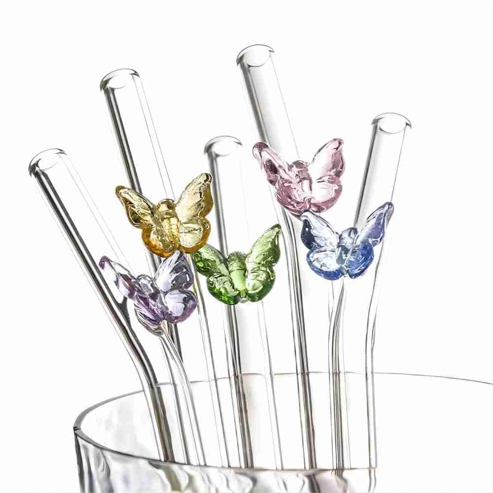zhqinger 5pcs Butterfly Glass Straws Reusable Bent Drinking Straw 3D Butterfly on Clear Straws for Juices,Milk,Cocktails