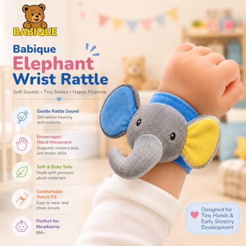 Image of Babique Soft Plush Elephant Hand Rattle Wrist Band for Newborns, Infants & Kids - Baby Wrist Rattle Toy with Adjustable Velcro Strap, Gentle Sound, Lightweight & Safe for 0-36 Months