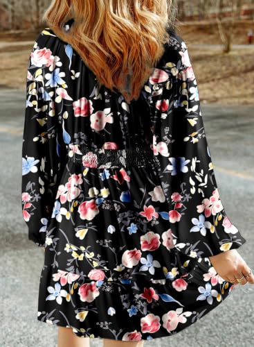 Image of Dokotoo Womens Dresses Boho Floral V Neck Long Sleeve Smocked Elastic Waist Casual A-Line Mini Dress Sundress