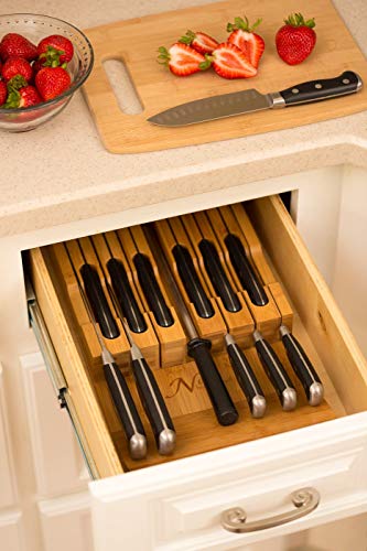 In-Drawer Bamboo Knife Block Holds 12 Knives (Not Included) Without Pointing Up Plus A Slot For Your Knife Sharpener! Noble Home & Chef Knife Organizer Made From Quality Moso Bamboo #TOP7