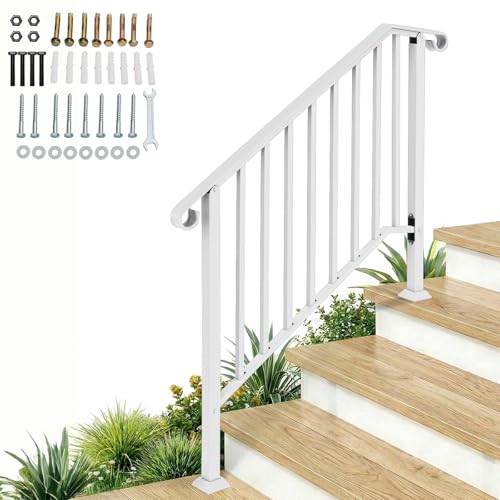 Outvita White Wrought Iron Outdoor Handrail Fits 3 or 4 Steps with Kit