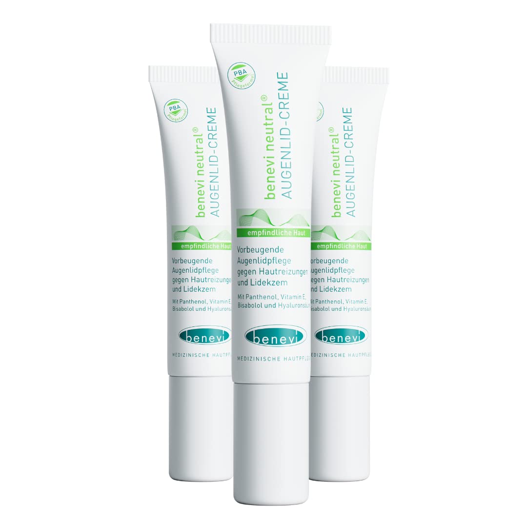 benevi Augenlid-Creme 3 x 15ml für trockene, empfindliche Augenlider. Kein Fettfilm. Auch als tägliche Augenlidpflege bei zu Lidekzemen, Neurodermitis oder Rosacea neigender Haut.
