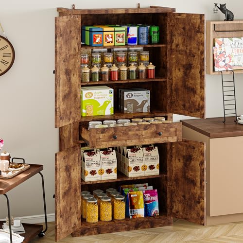 Image of BORNOON Pantry Organizers and Storage Cabinet, 67.71 inch Barn Door White Kitchen Cabinet with Drawers and Adjustable Shelf, Tall Pantry for Kitchen, Dining Room, Living Room