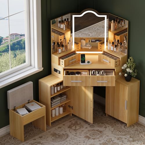 Image of FURSUN Fluted Makeup Vanity Desk with HD 3 Way Mirror and Lights, 51 inch Large Corner Vanity Table with Charging Station, Dressing Table with 4 Drawers & 2 Storage Cabinets for Bedroom, Natural Oak