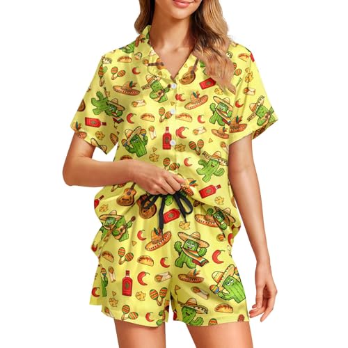 Image of Funny Pajamas for Women Set Print Satin Loungewear Pjs Short Sleeve Button Down Top and Shorts Sets Sleepwear XS-3XL