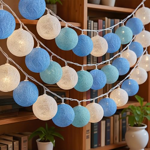 ALEGRE Lichterkette Baumwollkugeln 3M 20 LED Baumwollkugeln Lichterkette Kugeln 3 5cm Cotton Balls Lichterketten Innen Blau Lichterketten Batteriebetrieben für Jungen Kinderzimmer Hochzeit Weihnachten