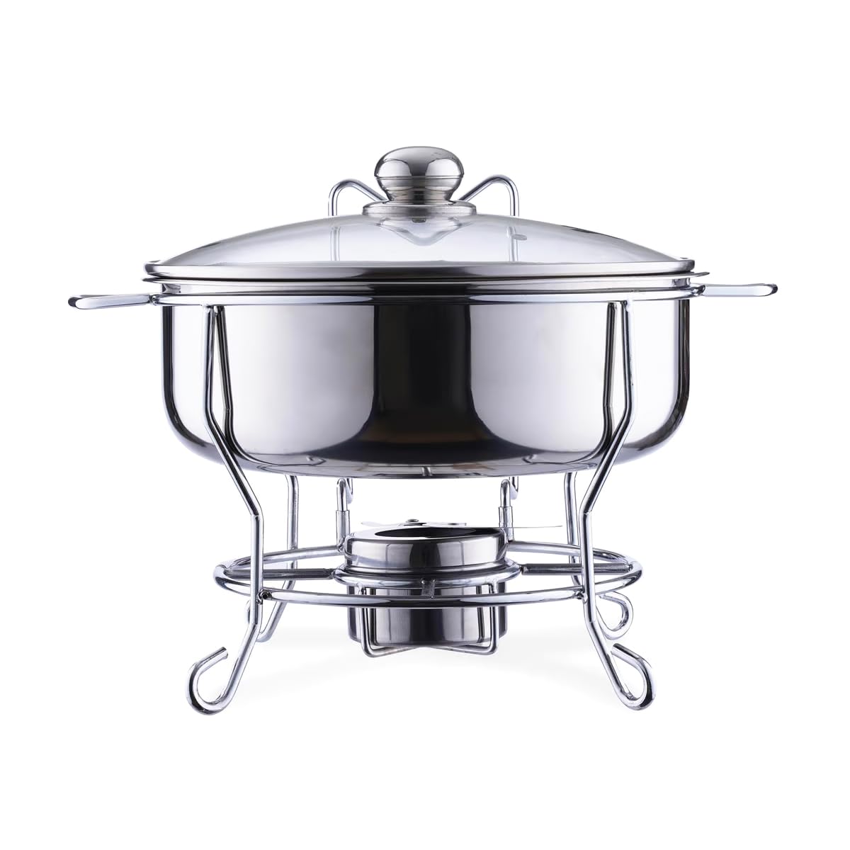 Wilson 6L Stainless Steel Double Bowl Chafing Pot - Premium Buffet Service Set with Tempered Glass Lid, and Chrome-Plated Stand - Complete Stainless Steel Components - 38x23x36cm