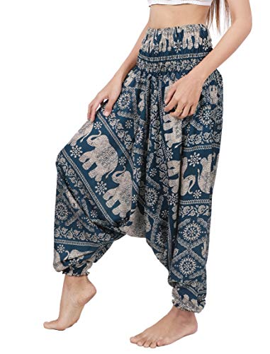 Banjamath Women's Peacock Print Aladdin Harem Jumpsuit – Elephant Green Turquoise, XL