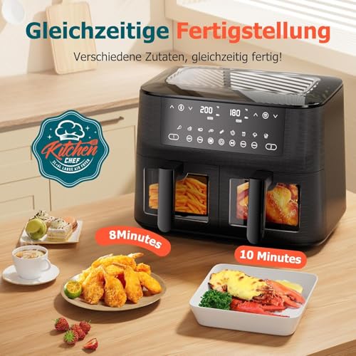 Heißluftfritteuse 2 Kammern mit Sichtfenster, 9L XXL Doppel-Airfryer, 2 Unabhängige Fächer, 9-in-1 Air Fryer, Touchscreen, Smart und Timer-Funktion, Gesunde Friteuse ohne Öl und fettarmes Kochen – Bild 7