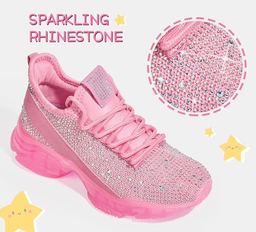 LUCKY STEP Girls Rhinestone Slip On Sneakers Kids Sparkly Lightweight Tennis School Knit Jelly Sole Glitter Walking Shoes Toddler2