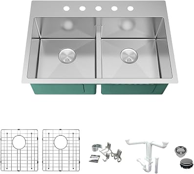 Transolid KKM-DTDE332210-5 Diamond 33-in L x 22-in W Equal Double Bowl Dual-Mount Kitchen Sink and Accessories Kit with 5 Pre-Drilled Holes in Stainless Steel