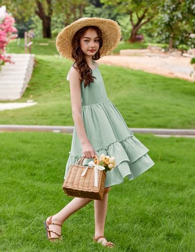 Image of Arshiner Girls Cami Summer Dress Boho Sleeveless Casual Sundress with Pockets for 4-12 Y