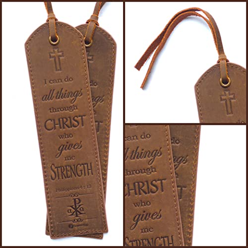 Leather Bible Bookmarks - 2 Leather Christian Bookmarks With Inspirational Bible Verse | Philippians 4: 13 I Can Do All Things Through Christ | Religious Book Marker Gifts For Men, Women And Readers #TOP6