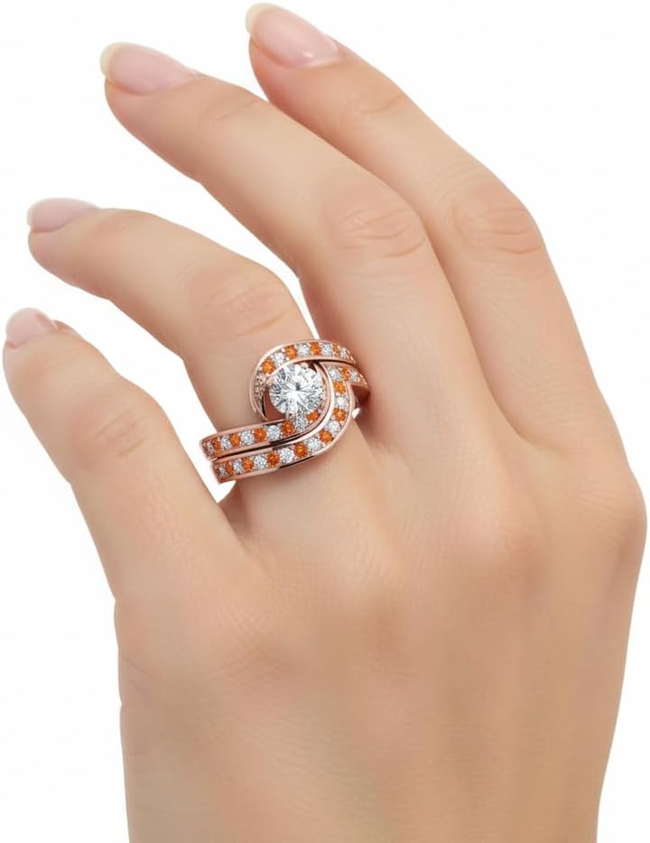 Choose Your Gemstone Swirl Pave Diamond CZ Wedding Ring Set Rose Gold Plated Round Shape Wedding Ring Sets Everyday Jewelry Wedding Jewelry Handmade Gifts for Wife US Size 4 to 12