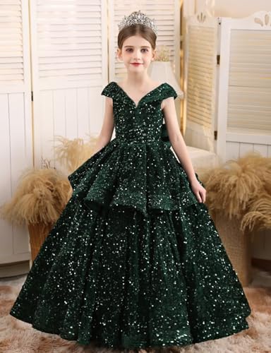 Sequin V Neck Pageant Dress for Girls Long Ball Gown Prom Dresses with Bow Sparkle Party Dress3