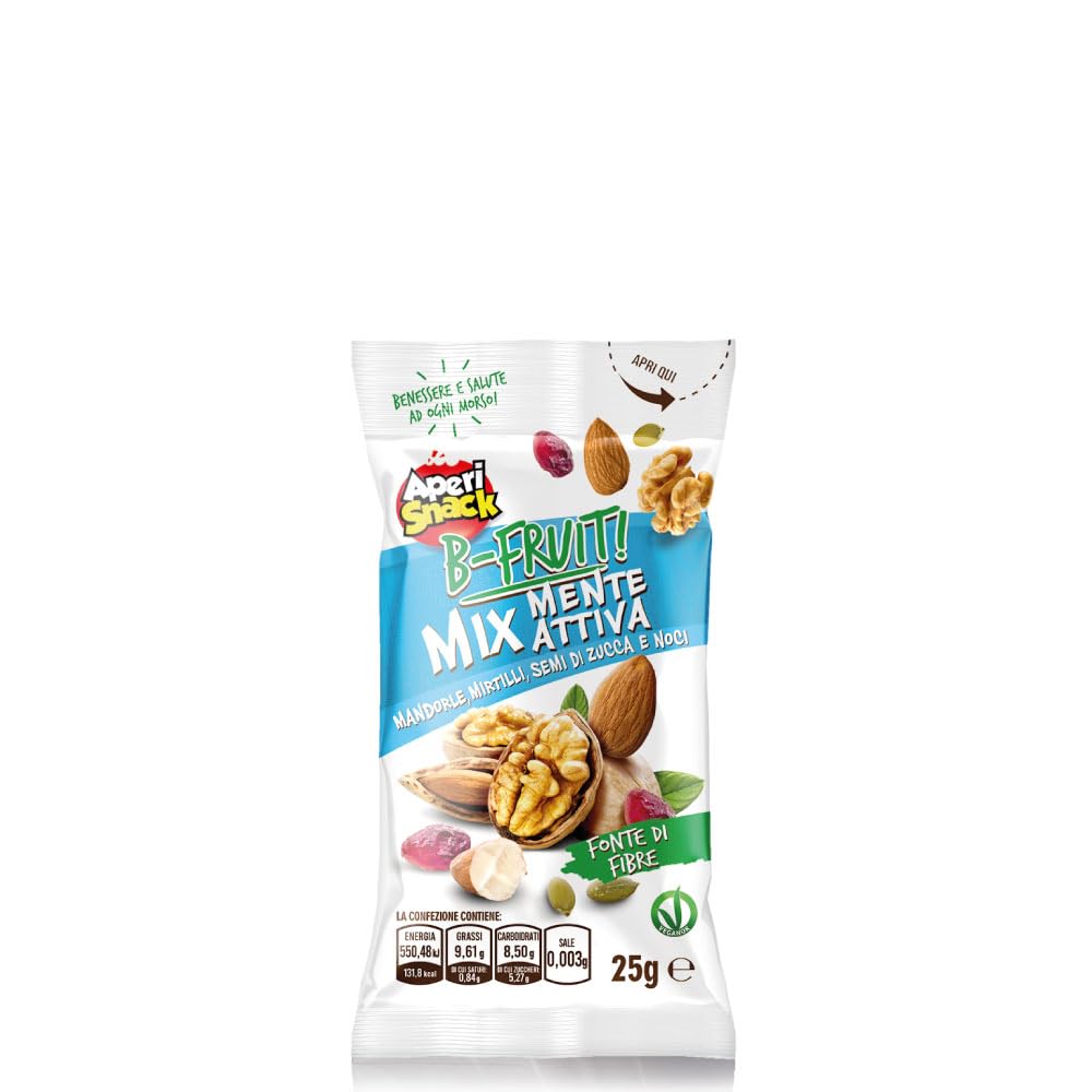 Aperisnack B-Fruit - AP13.041.12 - Box 40 Snack Monodose – Mix Mente Attiva (Mandorle, Noci, Mirtilli, Semi di Zucca) – Frutta Secca 100% Naturale – 40 monoporzioni x 25 g