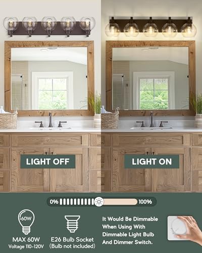 Image of 5-Light Bathroom Vanity Light, Oil Rubbed Bronze, Clear Globe Glass | 32 inch ORB vanity light for 42-54 inches mirrors, clear globe glass shades, E26 base, hardwired, up /down mount, VL195-ORB-5